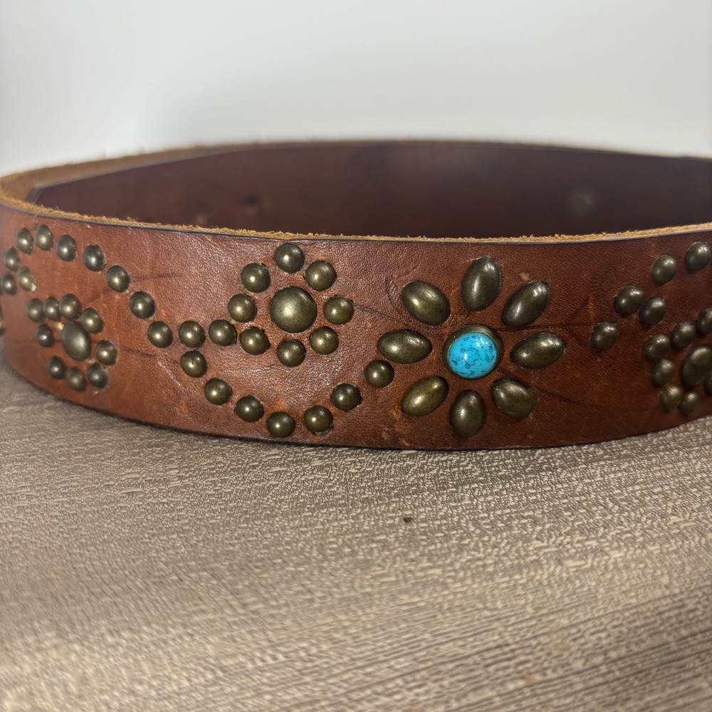 Studded Leather Belt Womens L Brown Excellent Western Boho Vintage 70s